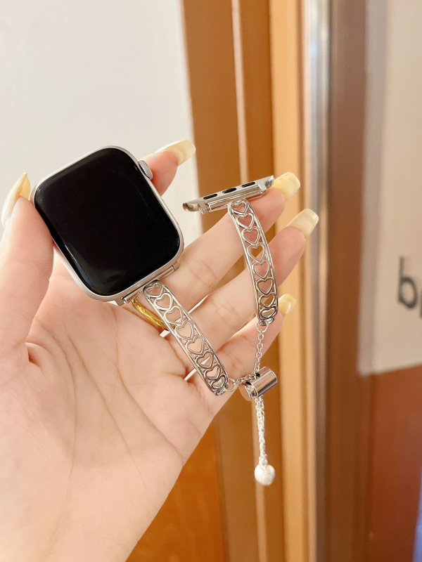 Apple Watch лента - метална, дизайн със сърце и двойни пръти, прост стил