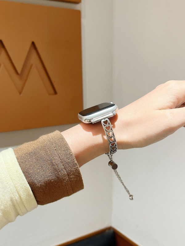 Apple Watch лента - метална, дизайн със сърце и двойни пръти, прост стил