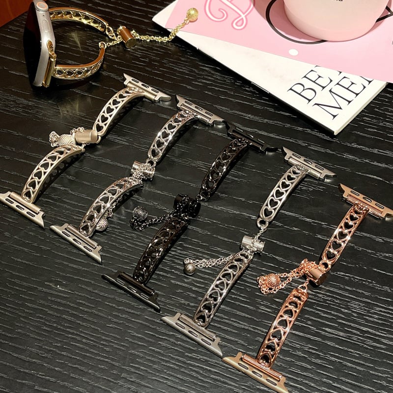 Apple Watch лента - метална, дизайн със сърце и двойни пръти, прост стил