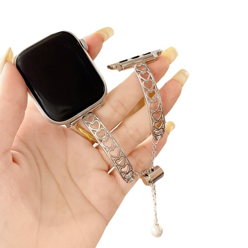 Apple Watch лента - метална, дизайн със сърце и двойни пръти, прост стил