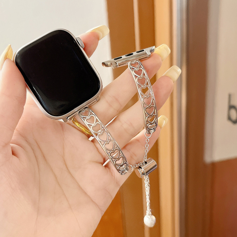 Apple Watch лента - метална, дизайн със сърце и двойни пръти, прост стил