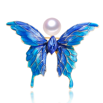 Broșă cu fluture din aliaj, perle naturale de apă dulce, finisaj electroplate — decor feminin (Material: aliaj; Procesare: electroplacare; Funcție: decorare; Tip: broșă)