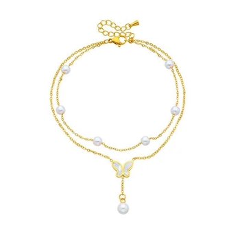 Brățară de gleznă din oțel titan cu perle duble și pandantiv fluture