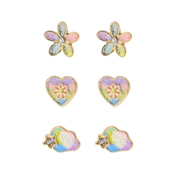 Cercei stud pentru copii, în stil desen animat, cu motive floare, inimă și nor – aliaj cu pietre artificiale – finisaj picurare de ulei