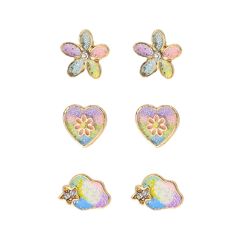 Cercei stud pentru copii, în stil desen animat, cu motive floare, inimă și nor – aliaj cu pietre artificiale – finisaj picurare de ulei