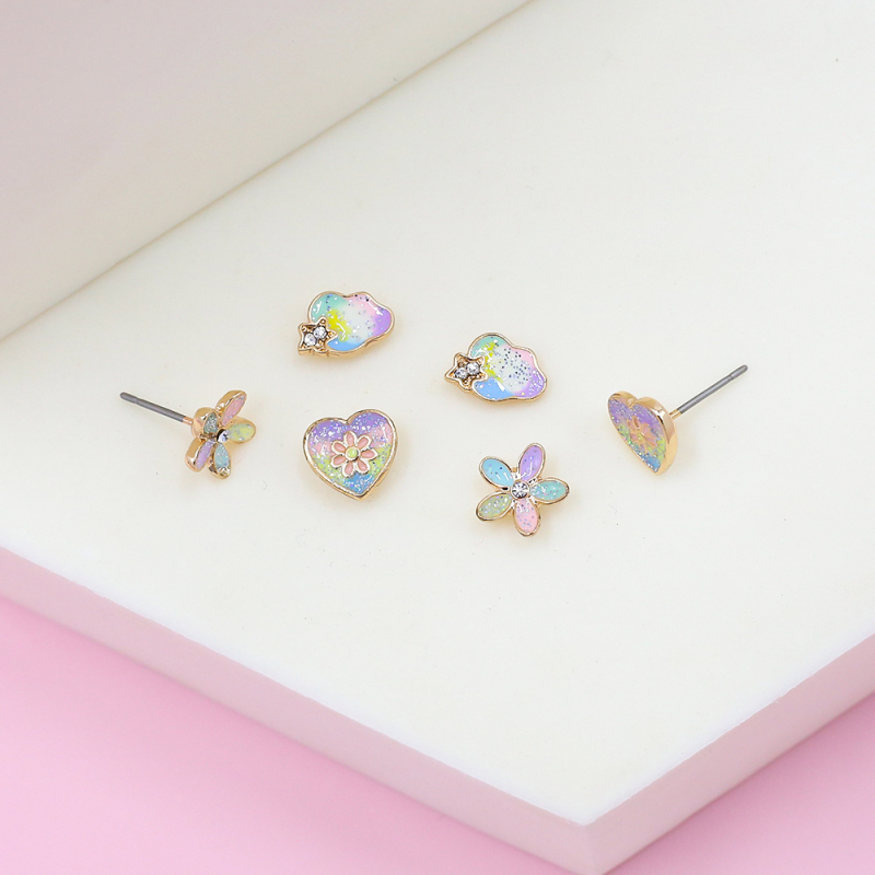 Cercei stud pentru copii, în stil desen animat, cu motive floare, inimă și nor – aliaj cu pietre artificiale – finisaj picurare de ulei