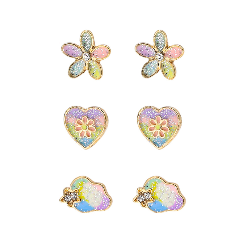 Cercei stud pentru copii, în stil desen animat, cu motive floare, inimă și nor – aliaj cu pietre artificiale – finisaj picurare de ulei