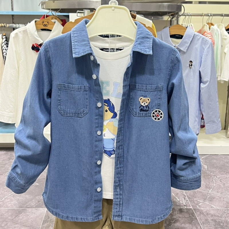 Cămașă din denim pentru copii, pentru băieți, stil coreean, mâneci lungi, 100% bumbac, vârste 3–8 ani