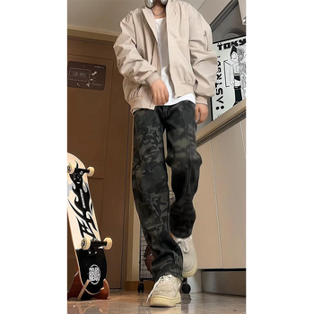 Radničke traperice s mikro flare, zip, srednji struk, pamuk denim, kamuflažni uzorak