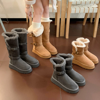 Женски снежни ботуши, с пухена подплата, горна част от агнешки велур, подметка от TPR, висок ботуш с дълъг цилиндър, кръгла носка