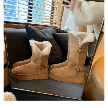 Женски снежни ботуши, с пухена подплата, горна част от агнешки велур, подметка от TPR, висок ботуш с дълъг цилиндър, кръгла носка