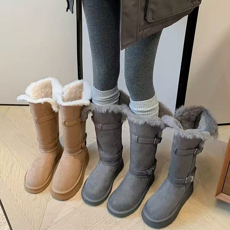 Женски снежни ботуши, с пухена подплата, горна част от агнешки велур, подметка от TPR, висок ботуш с дълъг цилиндър, кръгла носка