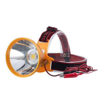 Fejre szerelhető horgász lámpa, LED 35W, külső 12V akkumulátor, kézi hajtású energiaellátás, hatótávolság több mint 500 m