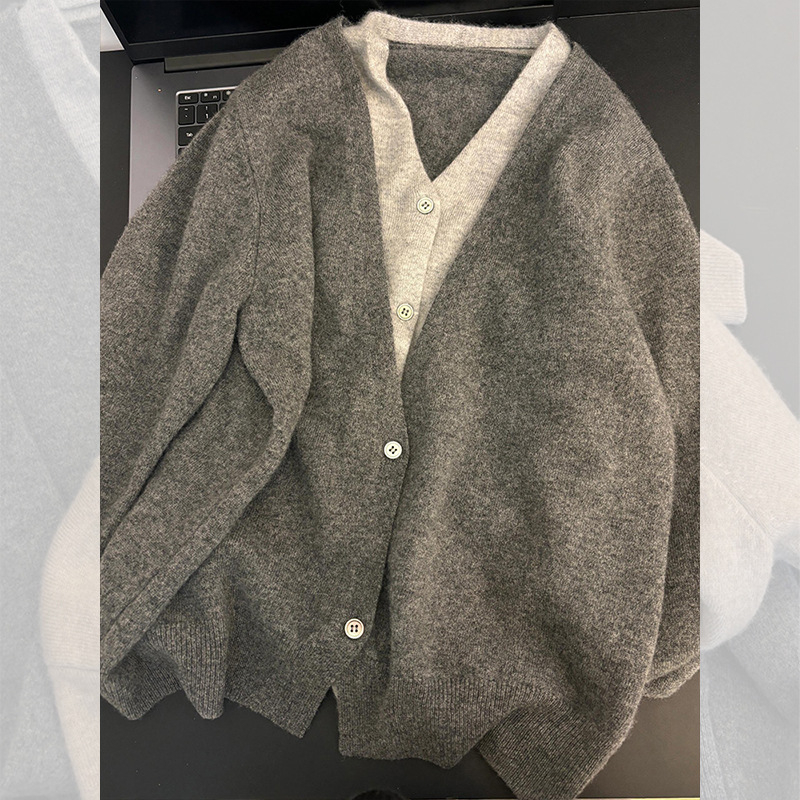 Ženski kašmir kardigan-kaput s lažnim dvodijelnim dizajnom, uski kroj, V izrez, dugi rukav, Zima 2025