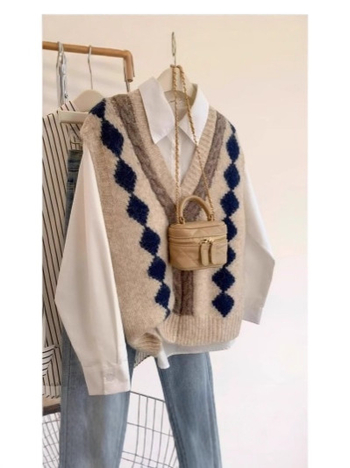 Ženski pleteni prsluk s kapuljom, V-izrez, poliester materijal, slobodan kroj, proljeće 2025