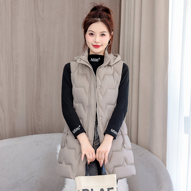 Gilet s punom od pamuka i perja, polo ovratnik, zatvarač, dugački kroj – stil princeze