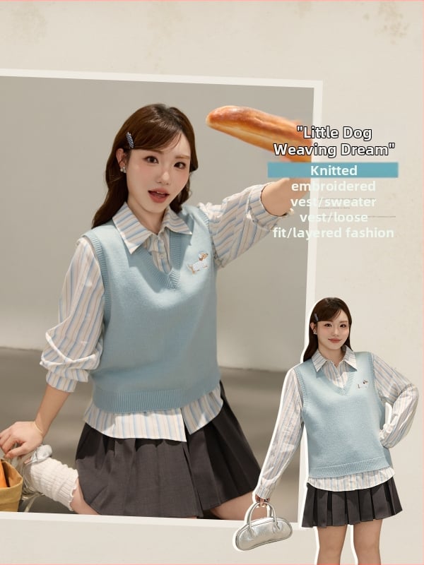 Női koreai stílusú V-nyakú kötött mellény hímzéssel, laza szabás, őszi 2025