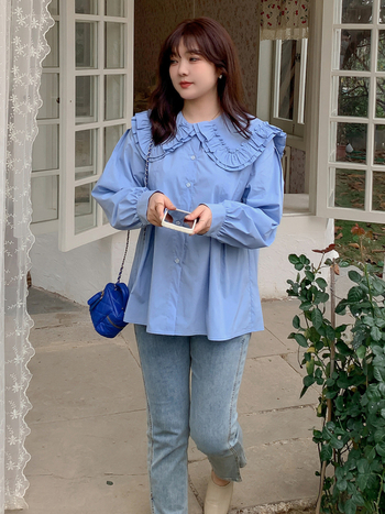 Cămașă pentru femei, mărime plus, toamnă – guler rever, două straturi, mâneci bufante, margine cu volan, bumbac spălat cu elastan