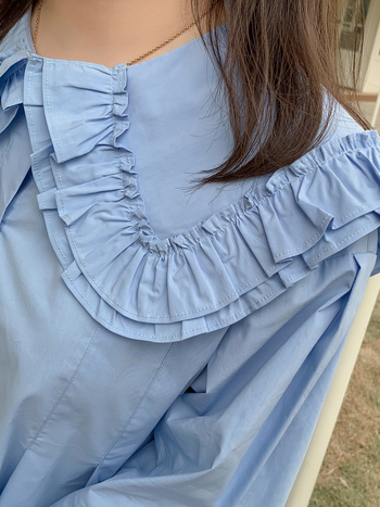 Cămașă pentru femei, mărime plus, toamnă – guler rever, două straturi, mâneci bufante, margine cu volan, bumbac spălat cu elastan