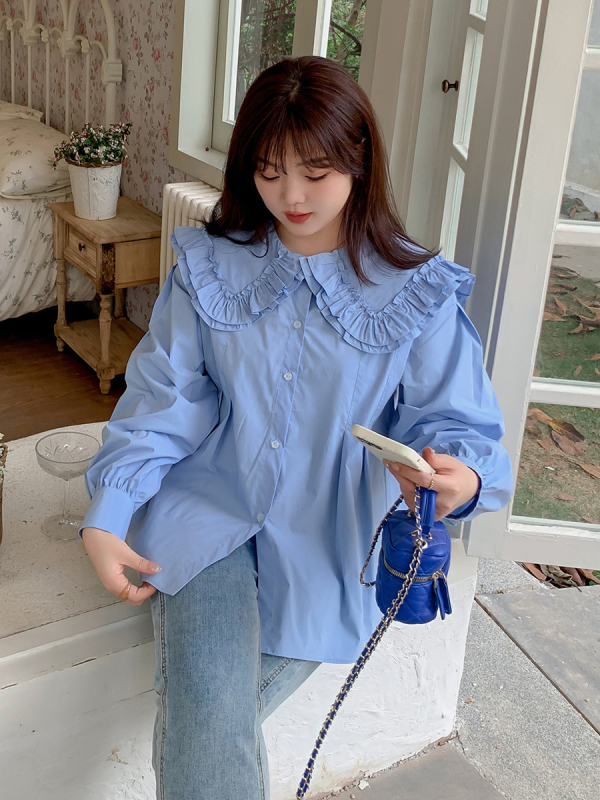 Cămașă pentru femei, mărime plus, toamnă – guler rever, două straturi, mâneci bufante, margine cu volan, bumbac spălat cu elastan