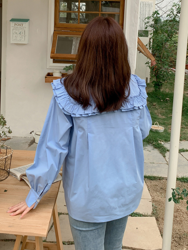 Cămașă pentru femei, mărime plus, toamnă – guler rever, două straturi, mâneci bufante, margine cu volan, bumbac spălat cu elastan