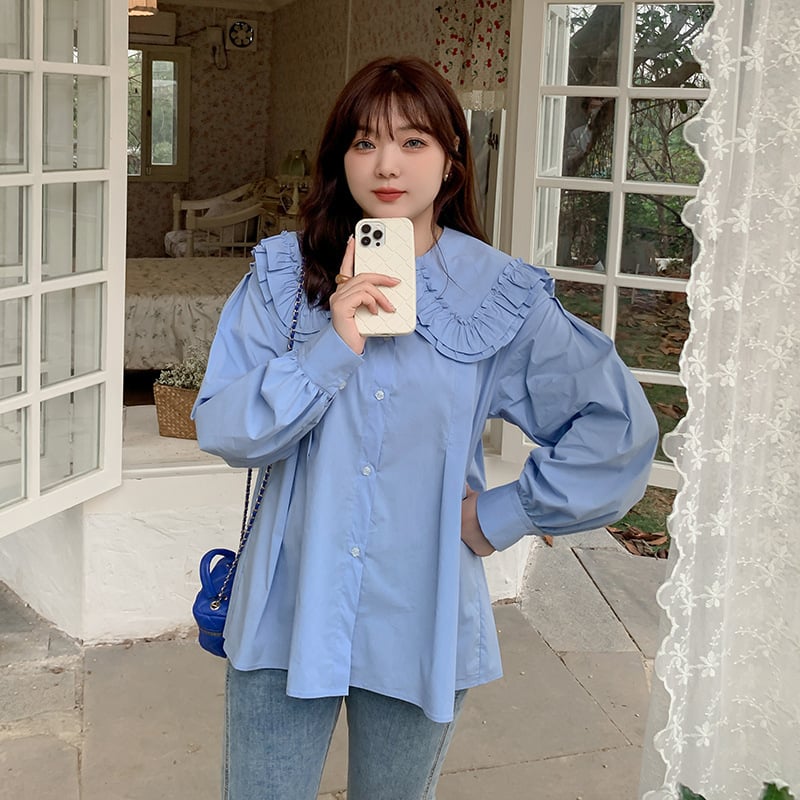 Cămașă pentru femei, mărime plus, toamnă – guler rever, două straturi, mâneci bufante, margine cu volan, bumbac spălat cu elastan