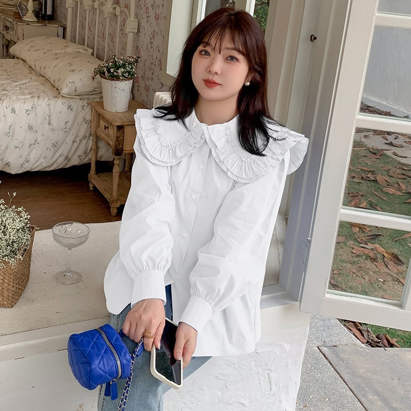 Cămașă pentru femei, mărime plus, toamnă – guler rever, două straturi, mâneci bufante, margine cu volan, bumbac spălat cu elastan