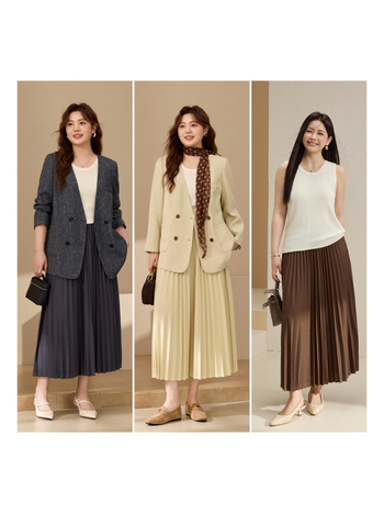 Plisseeritud A-liiniga midi seelik, 95% polüester, 2024 sügis, elegantne igapäevane stiil