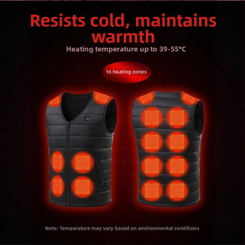 Vesta s grijanjem na 16 zona, V-izrez s zatvaračem, debeli materijal, vanjski najlon, podstava acetat