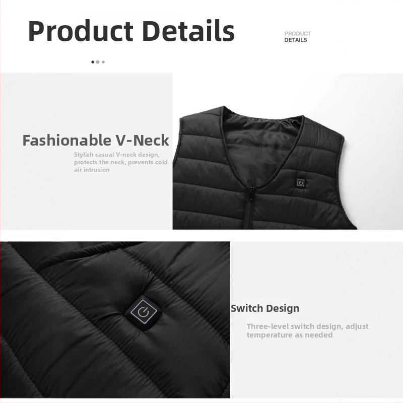 Vesta s grijanjem na 16 zona, V-izrez s zatvaračem, debeli materijal, vanjski najlon, podstava acetat