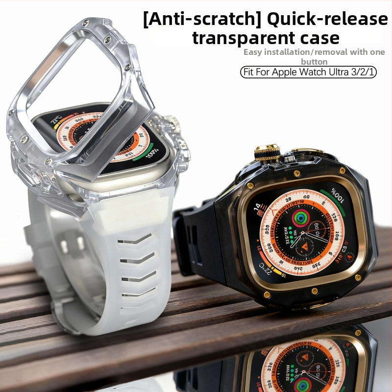 Ultra3 Apple Watch kaitsekorpus kiirvabastusega, integreeritud läbipaistva kaitsekorpus (Materjal: PC + silikaatgeel; Ühilduvus: Apple Watch; Kaal: 43 g)