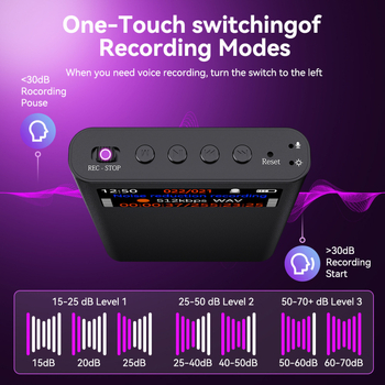 Pildspalva ierakstiem ar HD ekrānu - ierakstīšana ar vienu pieskārienu, 700 stundas darbības laiks, MP3/WMA/WAV formāti, TF karte, USB 2.0, divi mikrofoni