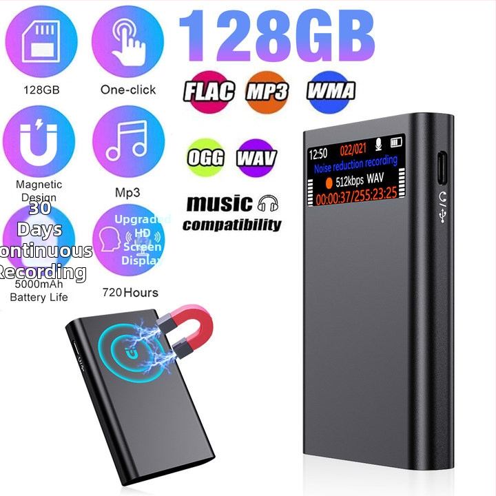 Pildspalva ierakstiem ar HD ekrānu - ierakstīšana ar vienu pieskārienu, 700 stundas darbības laiks, MP3/WMA/WAV formāti, TF karte, USB 2.0, divi mikrofoni