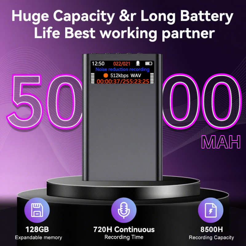 Pildspalva ierakstiem ar HD ekrānu - ierakstīšana ar vienu pieskārienu, 700 stundas darbības laiks, MP3/WMA/WAV formāti, TF karte, USB 2.0, divi mikrofoni