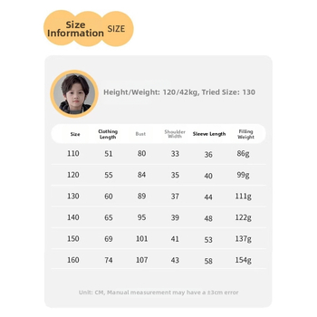 Detská zimná bunda s perím v korejskom štýle, unisex, s kapucňou, 81–85% bieleho kačacieho peria, mäkká bavlnená vrchná látka a podšívka, stredná dĺžka, voľný strih, zips, zima 2025