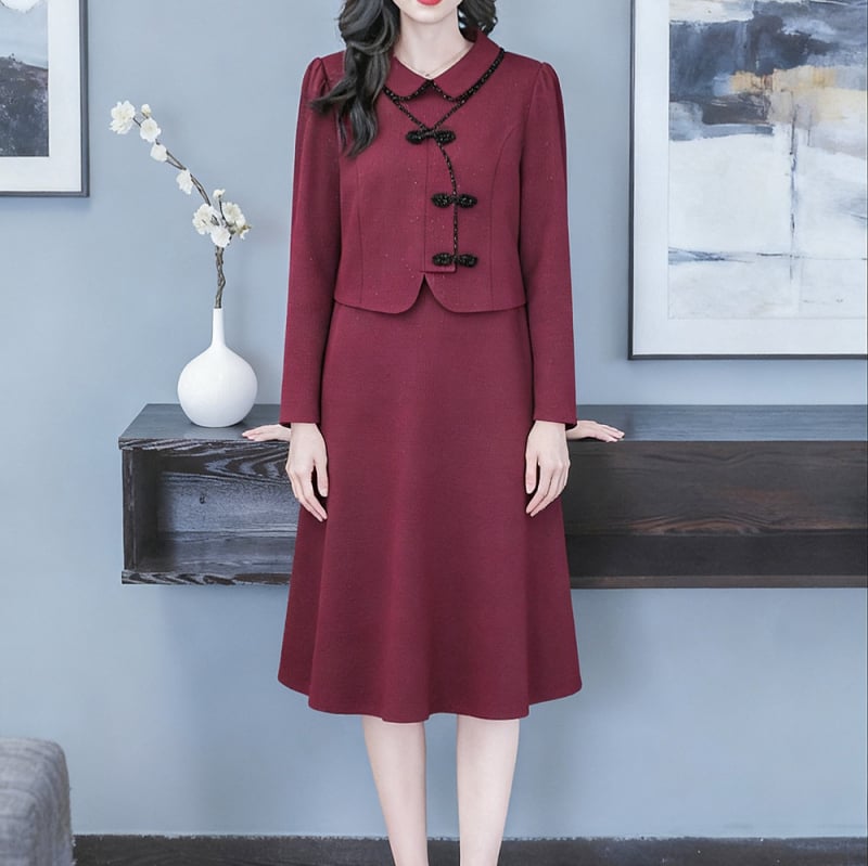 Kleit - Vintage-inspired šifonkleit polüesteri seguga 50–70%, võlts kaheosaline välimus, igapäevane elegantsus, pikkus 99 cm, triikimata, 2024 talv, Kapok Forest