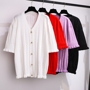 Ženski Ice Silk pleteni vrh, jednobojni uzorak, A-linija, polu otvoreni ovratnik, rukav 5/4