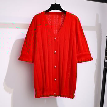 Ženski Ice Silk pleteni vrh, jednobojni uzorak, A-linija, polu otvoreni ovratnik, rukav 5/4