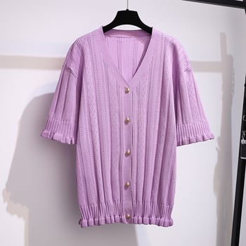 Ženski Ice Silk pleteni vrh, jednobojni uzorak, A-linija, polu otvoreni ovratnik, rukav 5/4