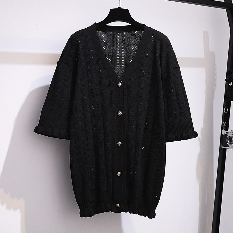 Ženski Ice Silk pleteni vrh, jednobojni uzorak, A-linija, polu otvoreni ovratnik, rukav 5/4