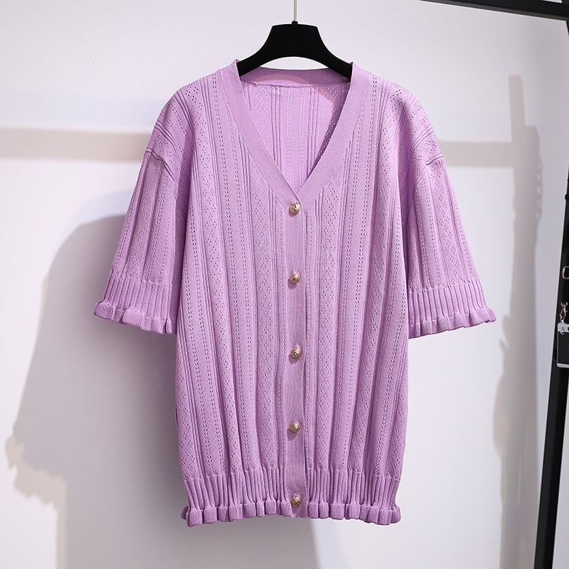 Ženski Ice Silk pleteni vrh, jednobojni uzorak, A-linija, polu otvoreni ovratnik, rukav 5/4