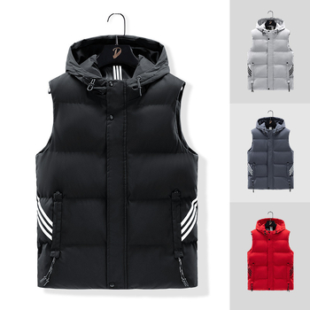 Vesta bărbațească cu glugă, umplutură poliester, dungi, buzunare laterale, croi lejer