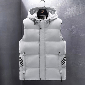 Vesta bărbațească cu glugă, umplutură poliester, dungi, buzunare laterale, croi lejer