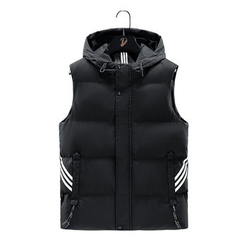 Vesta bărbațească cu glugă, umplutură poliester, dungi, buzunare laterale, croi lejer
