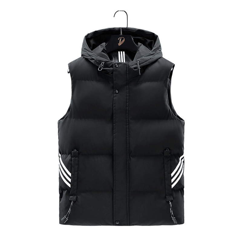 Vesta bărbațească cu glugă, umplutură poliester, dungi, buzunare laterale, croi lejer