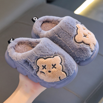 Детски памучни пантофи с горна част от заешка козина, зимни, унисекс, PVC подметка, против подхлъзване, животински принт, за възраст 1–16 години