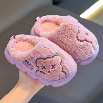 Детски памучни пантофи с горна част от заешка козина, зимни, унисекс, PVC подметка, против подхлъзване, животински принт, за възраст 1–16 години