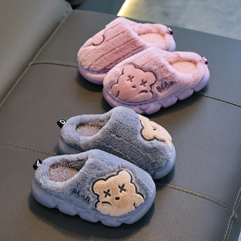 Детски памучни пантофи с горна част от заешка козина, зимни, унисекс, PVC подметка, против подхлъзване, животински принт, за възраст 1–16 години