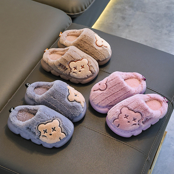 Детски памучни пантофи с горна част от заешка козина, зимни, унисекс, PVC подметка, против подхлъзване, животински принт, за възраст 1–16 години