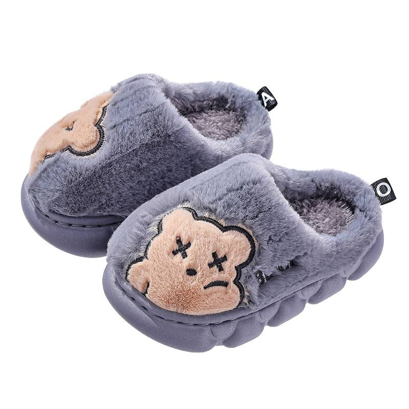 Детски памучни пантофи с горна част от заешка козина, зимни, унисекс, PVC подметка, против подхлъзване, животински принт, за възраст 1–16 години